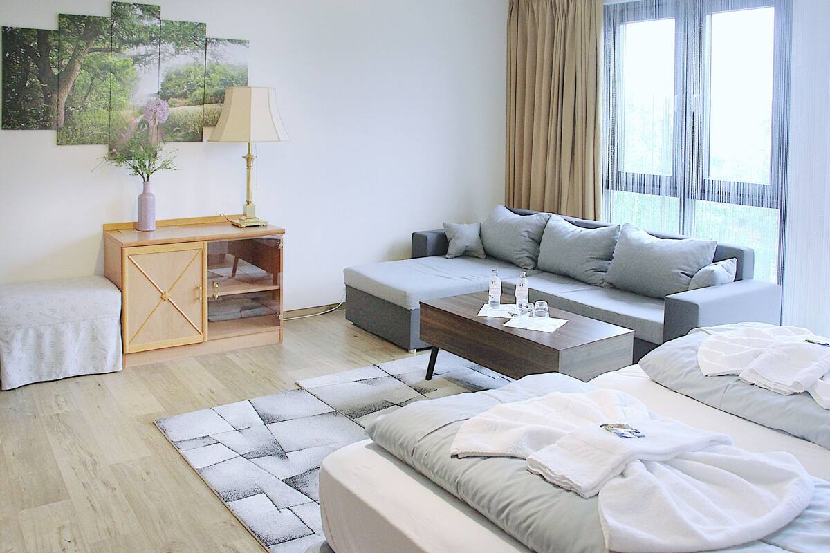 Une chambre d’hôtel moderne équipée d’un canapé, d’un lit, d’un bureau et d’une grande fenêtre.