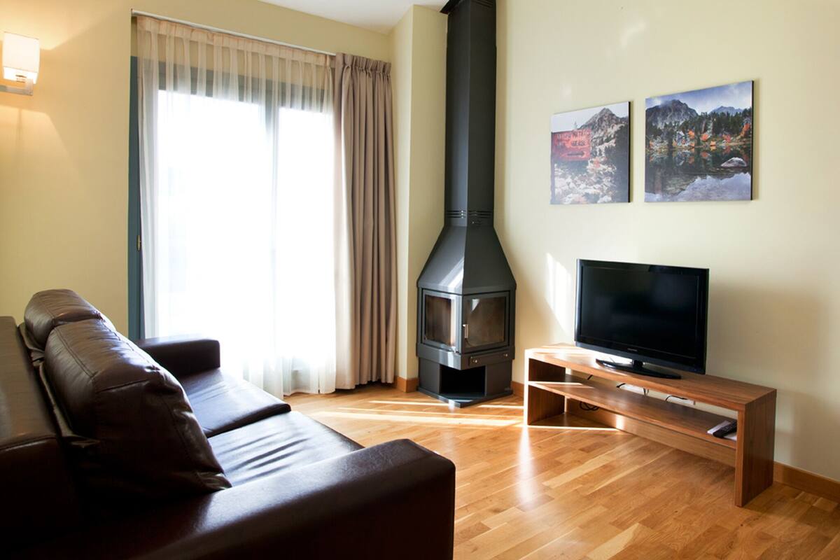 Flat-screen TV, fireplace