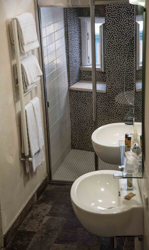 Shower, free toiletries, hair dryer, bidet