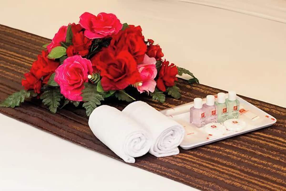 Gratis toiletartikelen, een haardroger, pantoffels, handdoeken