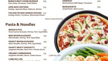 A menu with sandwiches, pizza, pasta & noodles, and side orders.