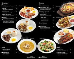 A restaurant menu with various breakfast and teaser dishes, soups, and salads.