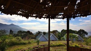 A rustic wooden structure with a thatched roof overlooking a rural landscape with several white-roofed buildings. - Ambady Estate (Devikolam)