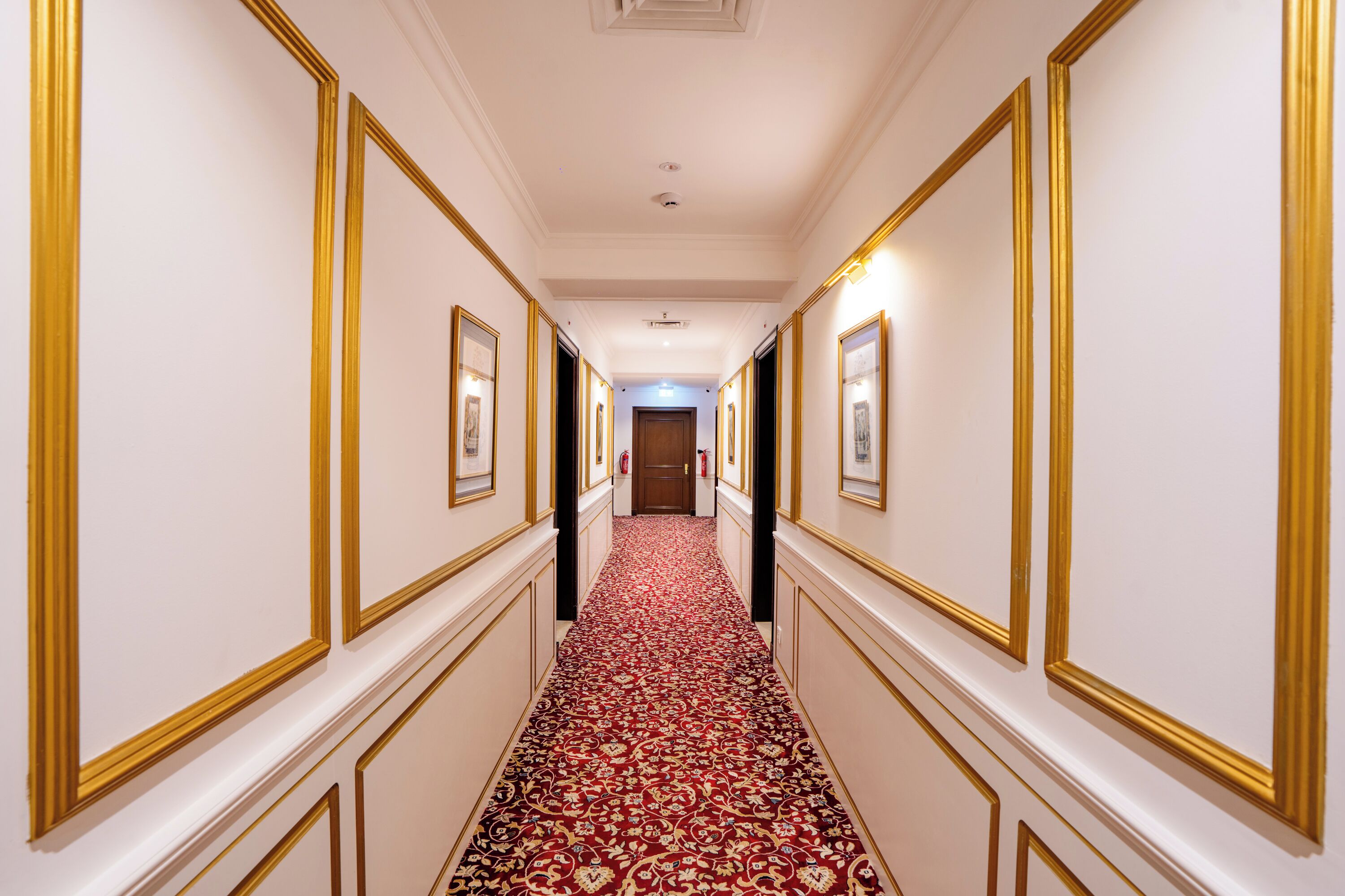 Un pasillo con una alfombra estampada, cuadros en las paredes y una puerta al final.