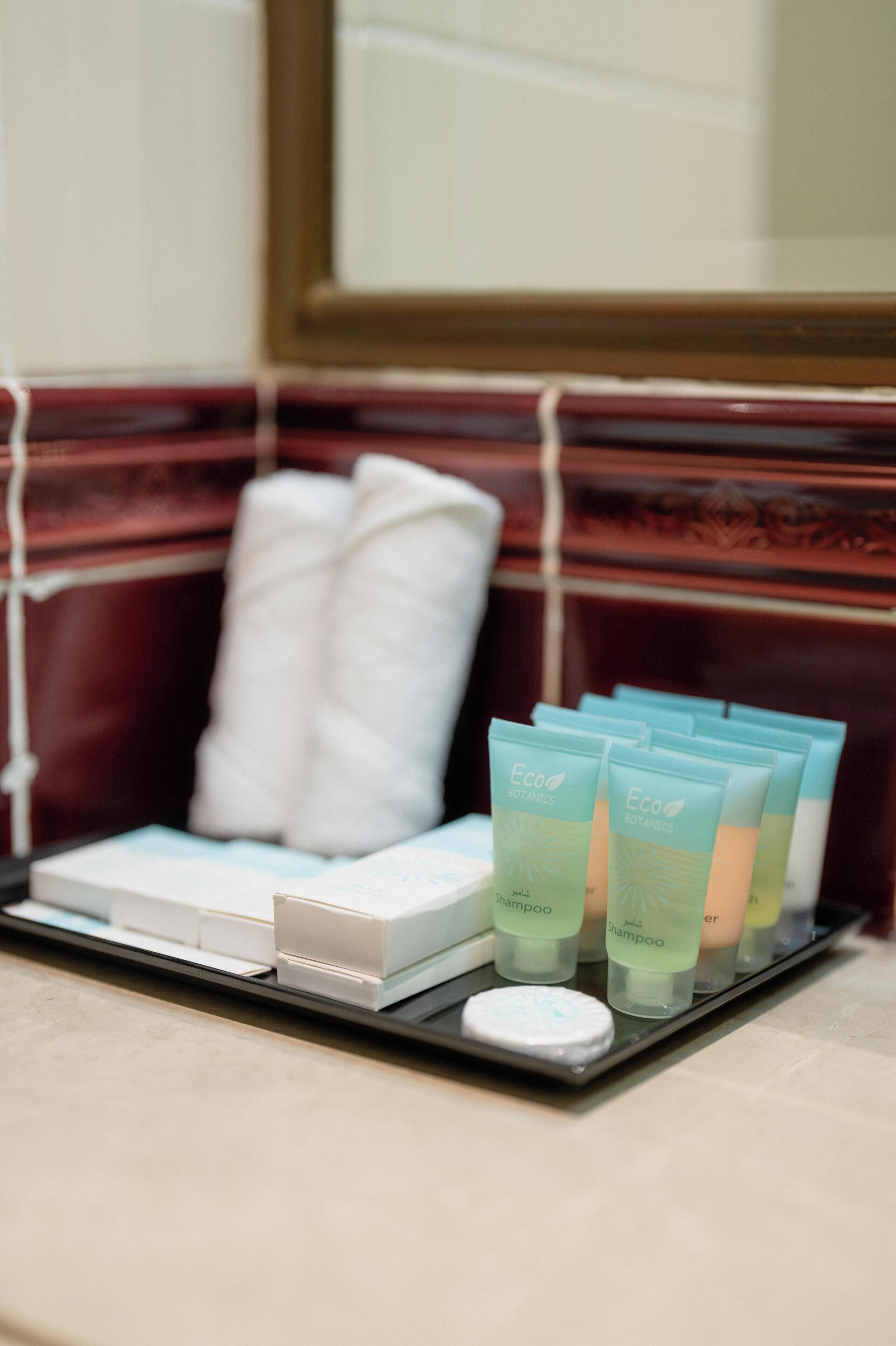 Ein Tablett mit Shampoos und Conditionern der Marke Eco Botanics, einer weißen Schachtel und einer runden Seife auf einer Badezimmerablage.