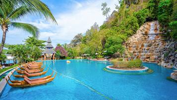 Outdoor pool, pool umbrellas, pool loungers