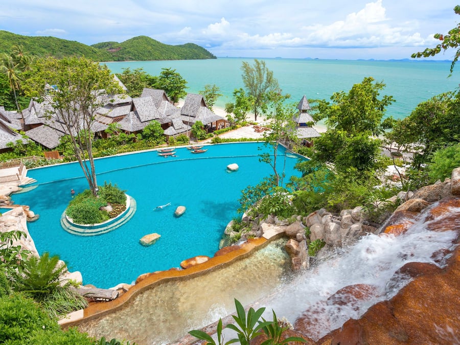 Outdoor pool, pool umbrellas, pool loungers