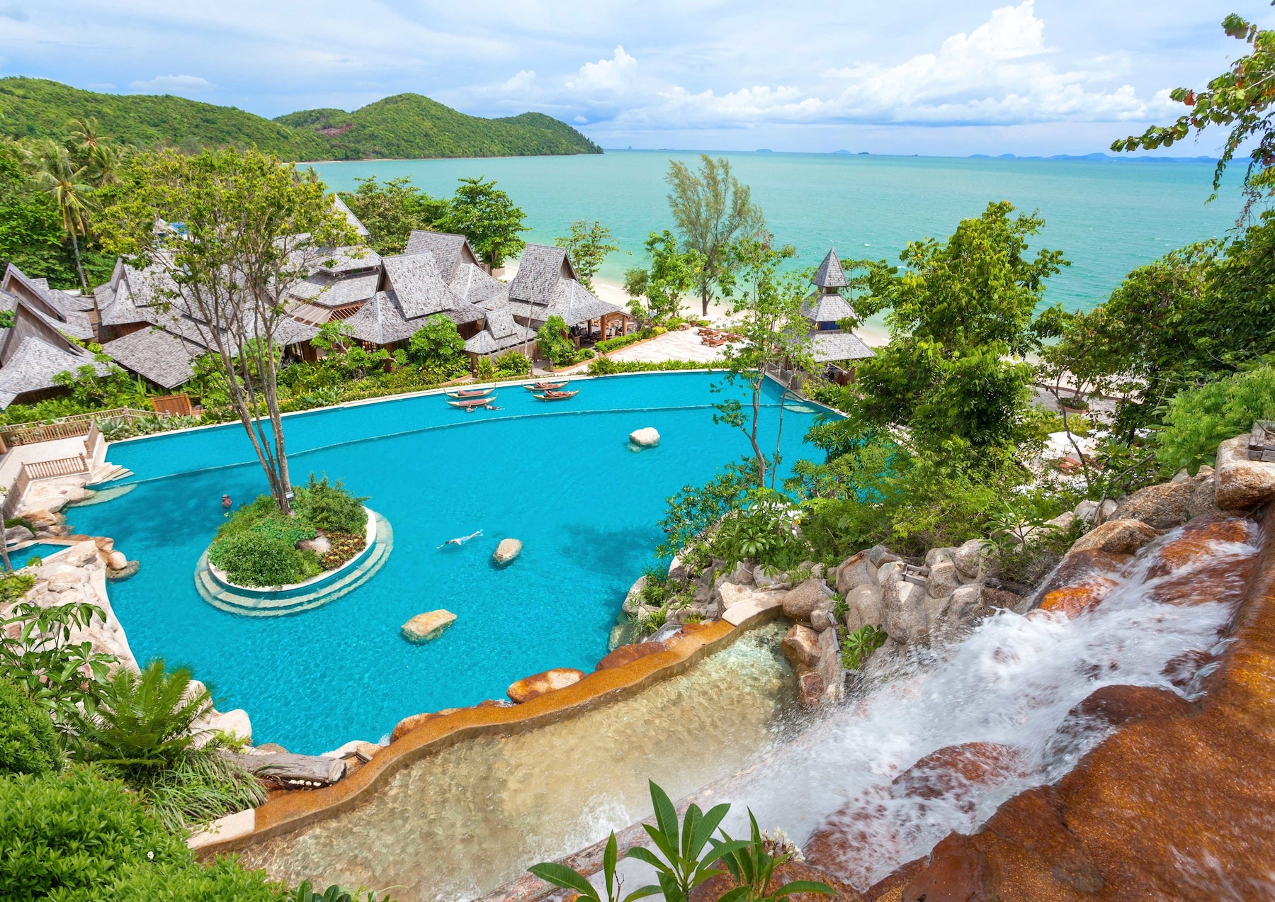 Outdoor pool, pool umbrellas, pool loungers