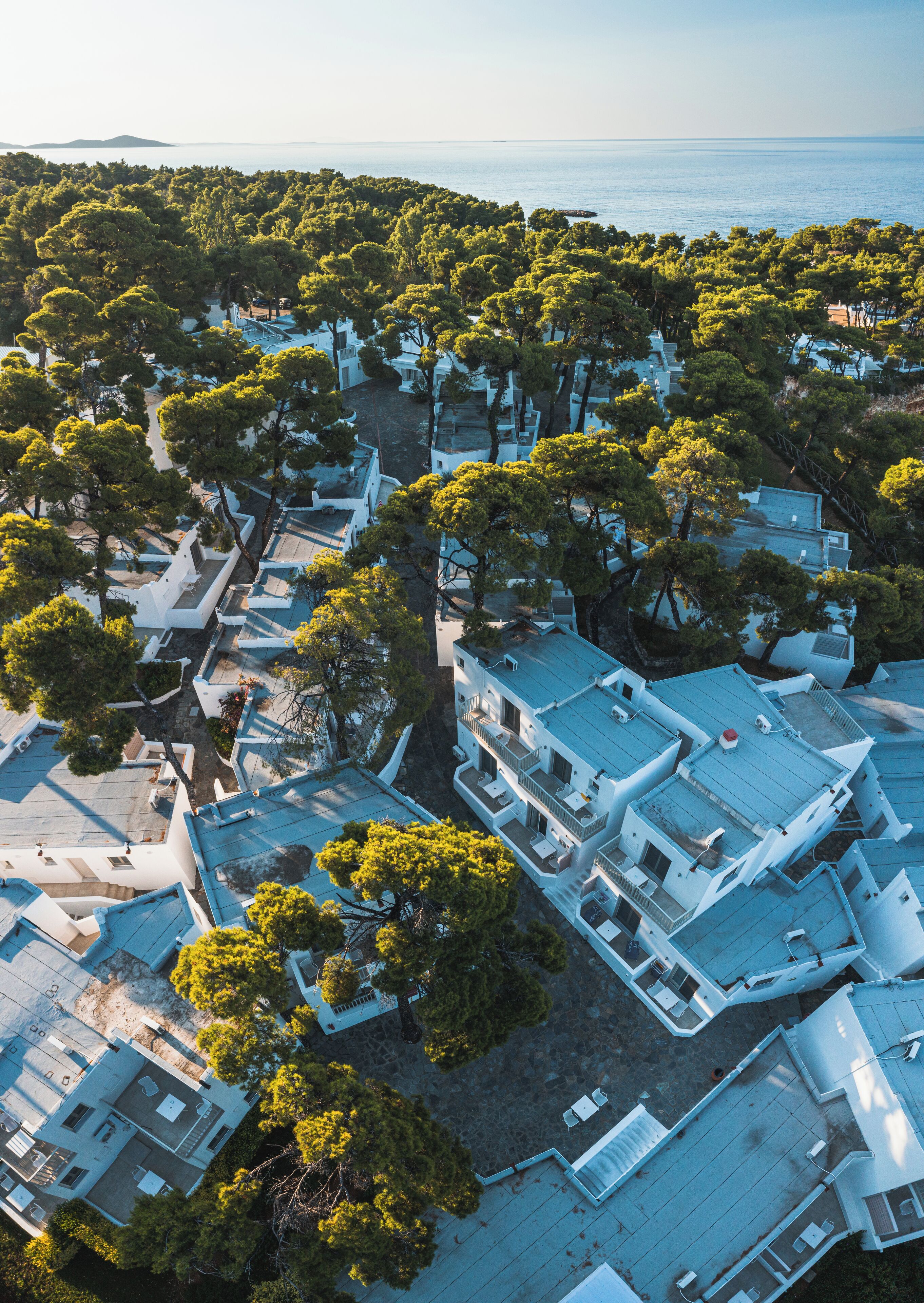 Vue aérienne d’un quartier résidentiel situé sur la côte, avec des bâtiments blancs, des arbres verdoyants et une vue dégagée sur la mer.