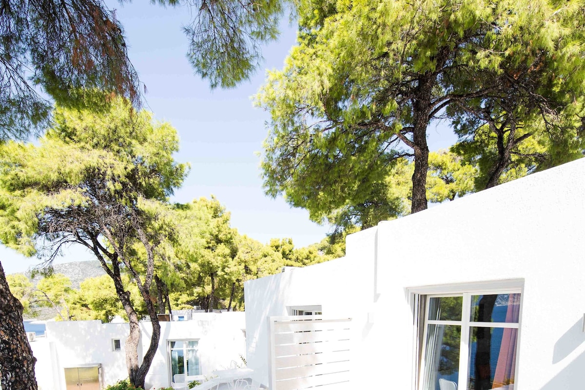 Un patio exterior moderno con mobiliario blanco, rodeado de abundante vegetación y árboles.