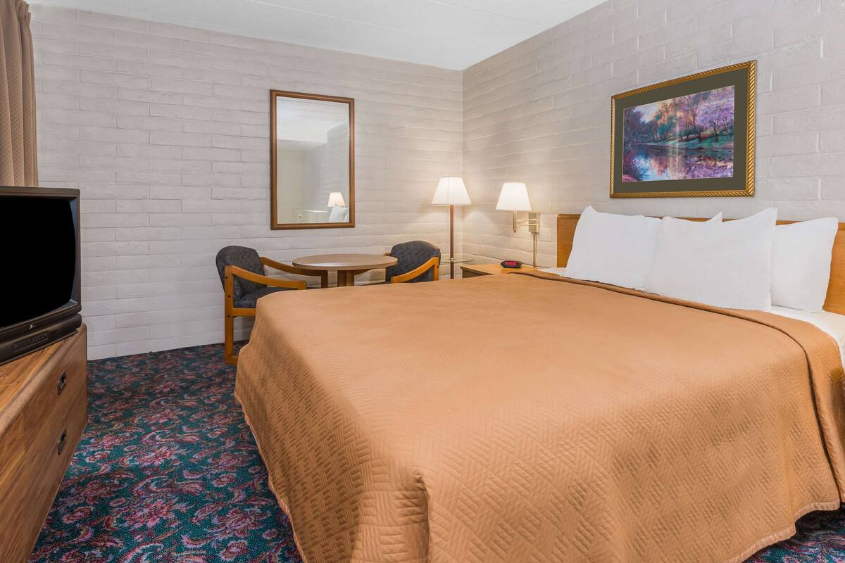 Une chambre d’hôtel comprenant un lit, un bureau avec une chaise, une télévision, une lampe et un tableau au mur.
