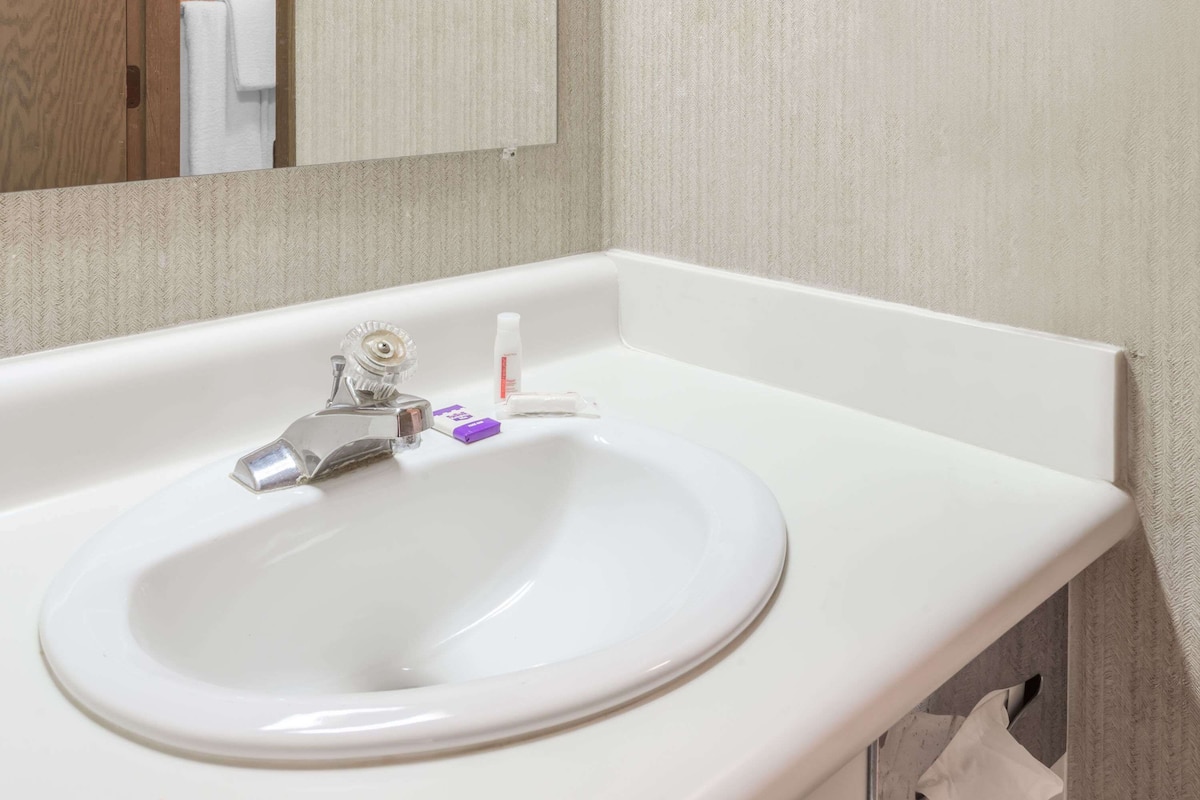 combined shower/bathtub, free toiletries, hair dryer, towels