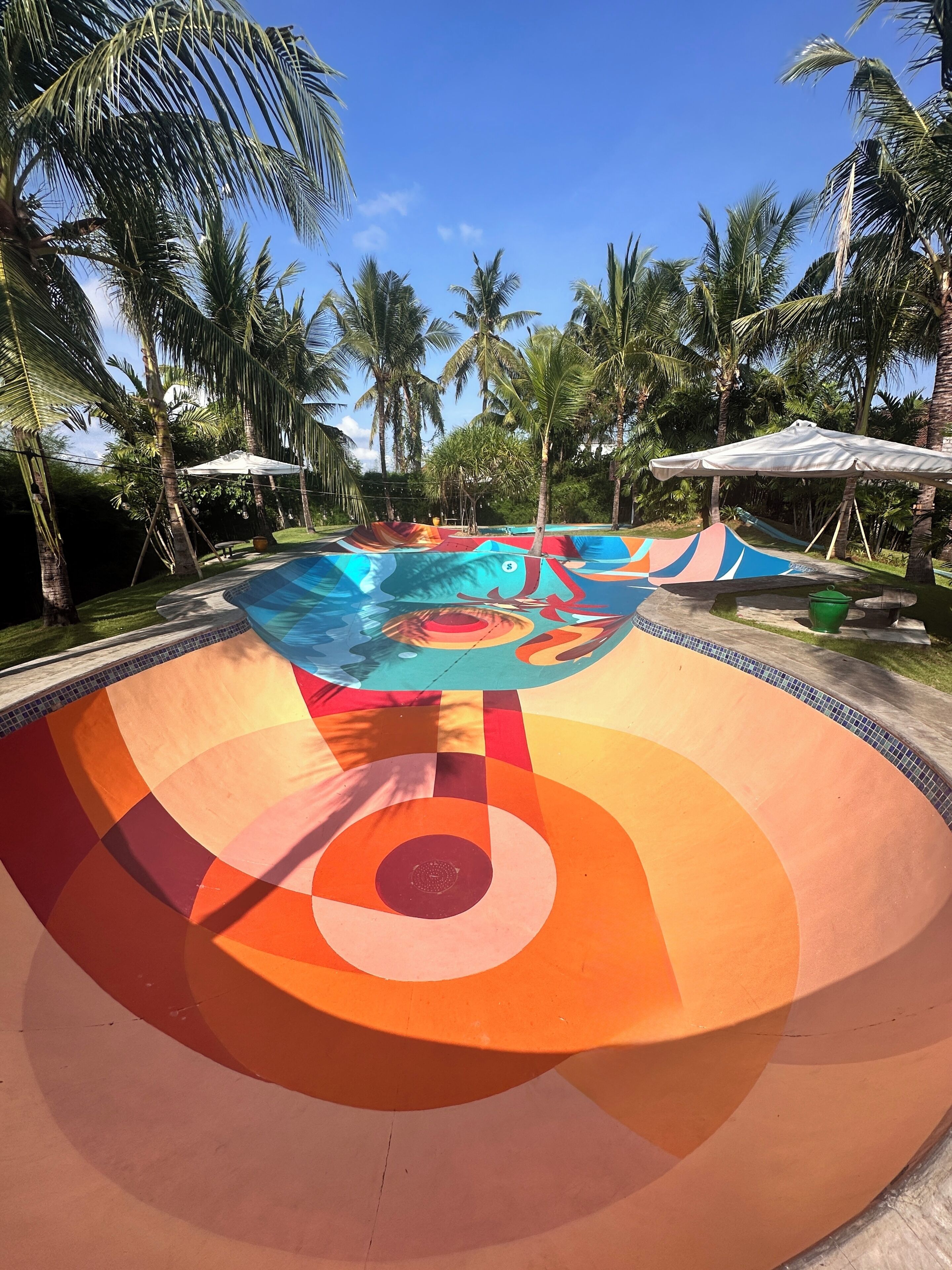 Una pista de skate colorida con un diseño circular y palmeras al fondo.