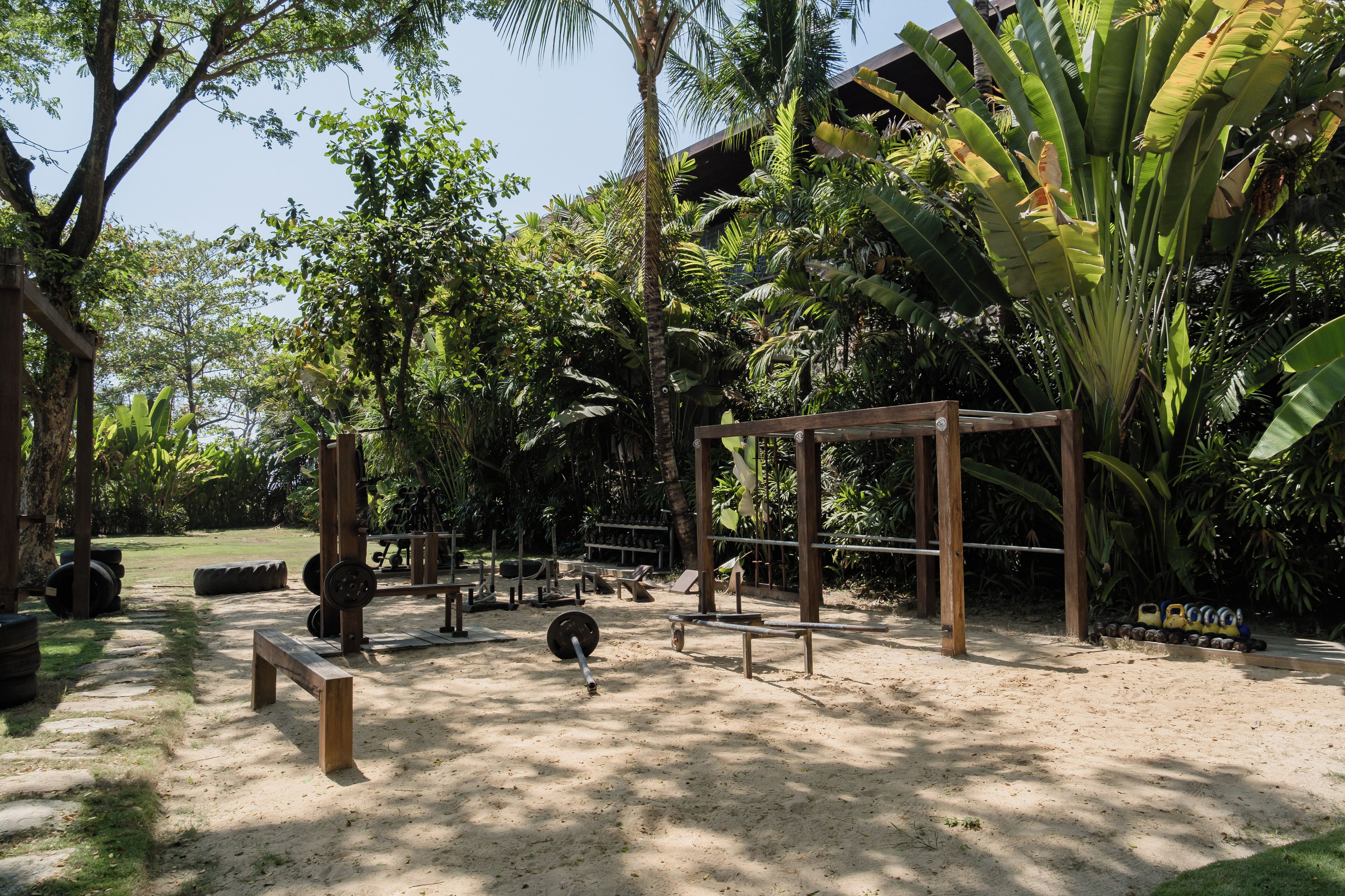 Espaço de ginástica ao ar livre com equipamentos de exercício, rodeado por árvores e céu claro.