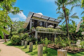 A modern house with a sloped roof, surrounded by lush greenery and palm trees.