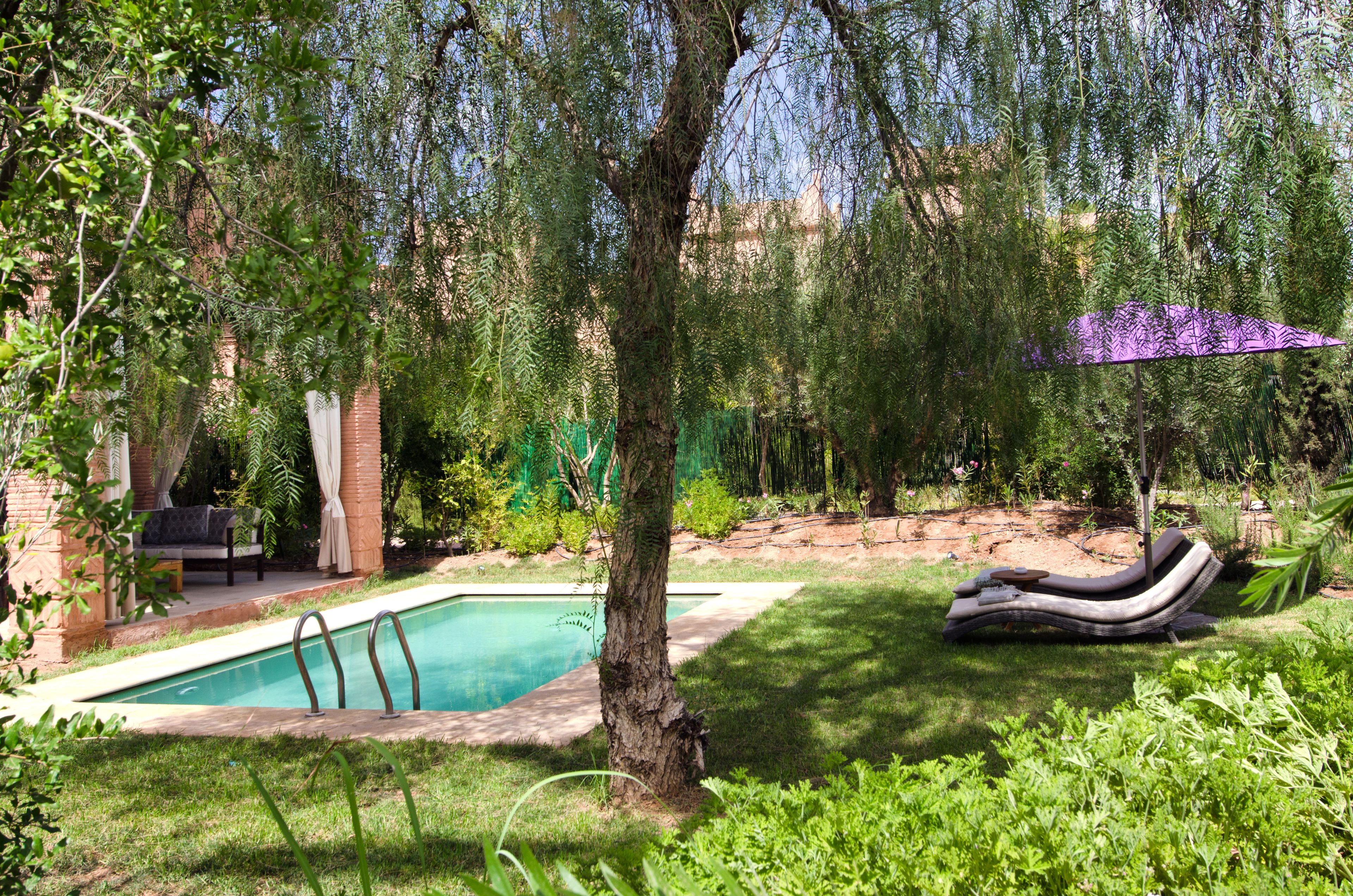 A swimming pool surrounded by lush greenery, a lounge chair, and a patio area with a table and chairs.