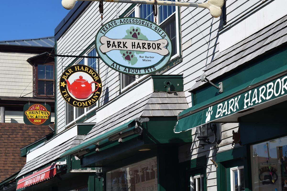 A storefront with signage for Bark Harbor Bar and a Christmas Vacation Shop.