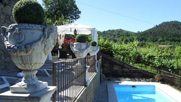 Una piscina al aire libre, sombrillas, tumbonas