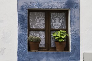 A window with a decorative screen, two potted plants, and a textured blue wall. - Casas de Romaria de Brotas (Mora)