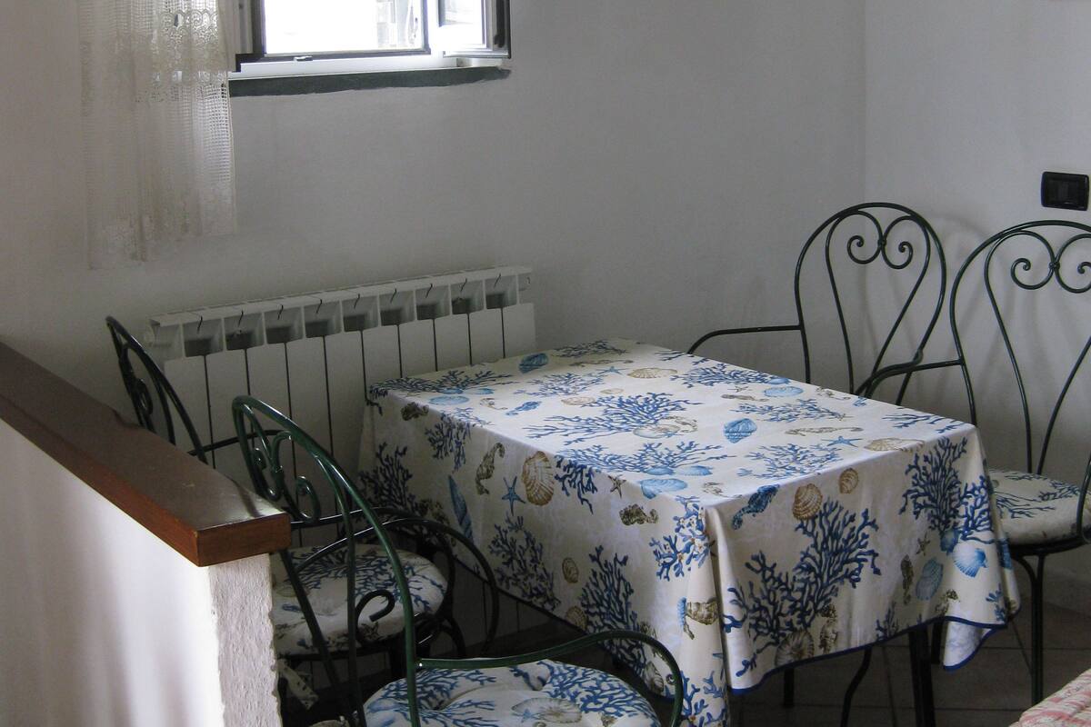Ein Essbereich mit einem Tisch, der mit einer marineblauen Tischdecke bedeckt ist, umgeben von Metallstühlen mit gepolsterten Sitzflächen.