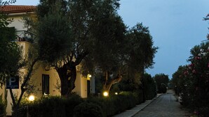 Une rue pavée bordée d’arbres et un bâtiment sur lequel est apposée une enseigne indiquant un espace de stationnement.