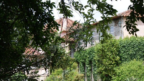 A pool area with a view of a building with a red-tiled roof, surrounded by greenery. - Casa dos Assentos de Quintiães (Barcelos)