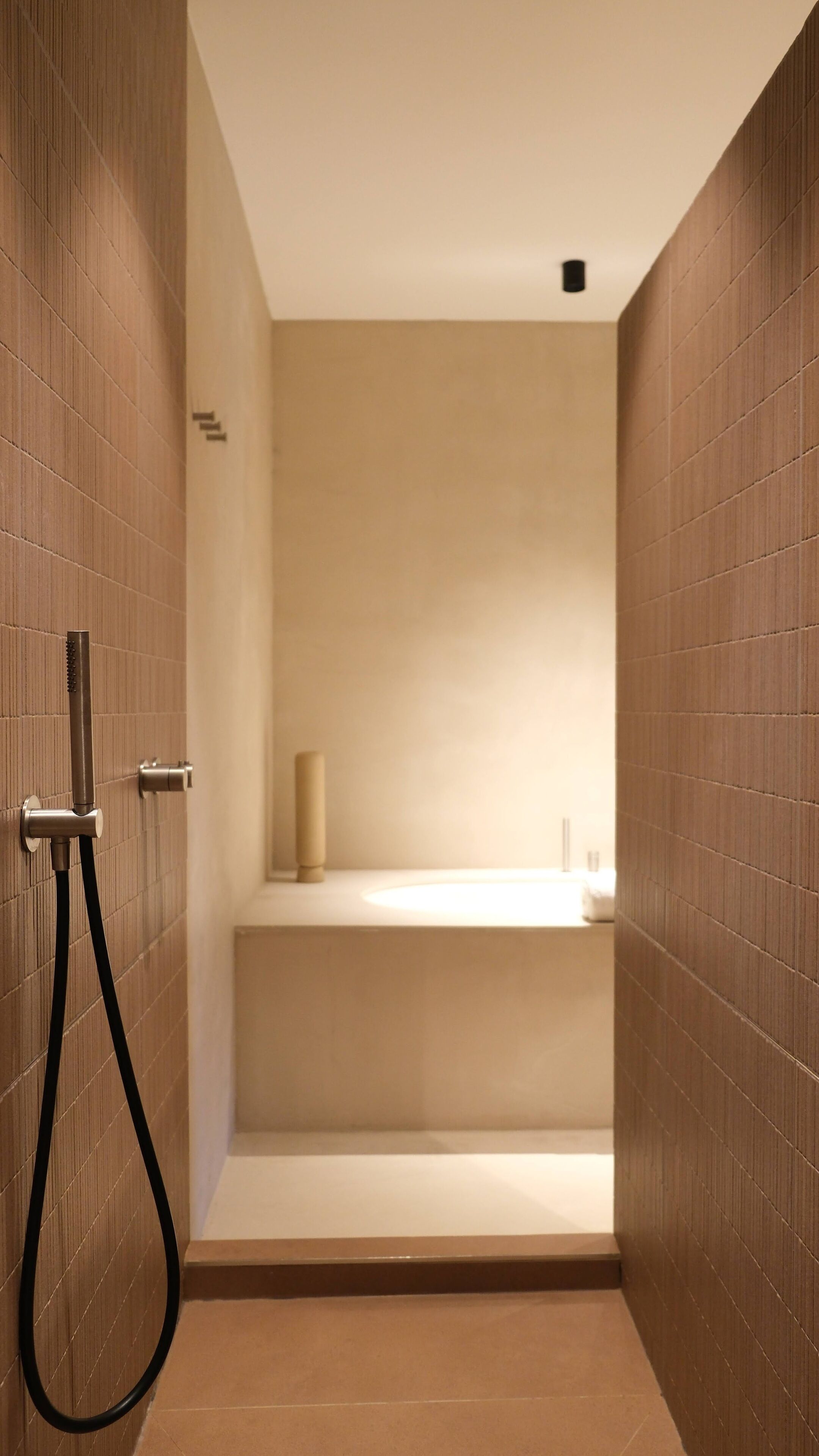 A modern bathroom with a walk-in shower, a toilet, and a sink.