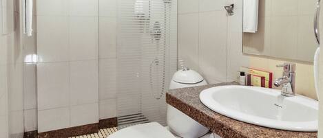 A modern bathroom with a shower, toilet, sink, and a large mirror.