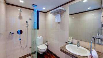 A modern bathroom with a glass shower enclosure, a toilet, a sink with a mirror, and a towel rack.