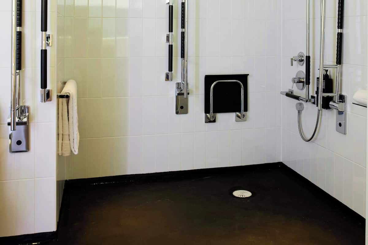 Room, 1 King Bed (Mobility Accessible, Roll-In Shower) | Bathroom | Shower, hydromassage showerhead, eco-friendly toiletries, hair dryer