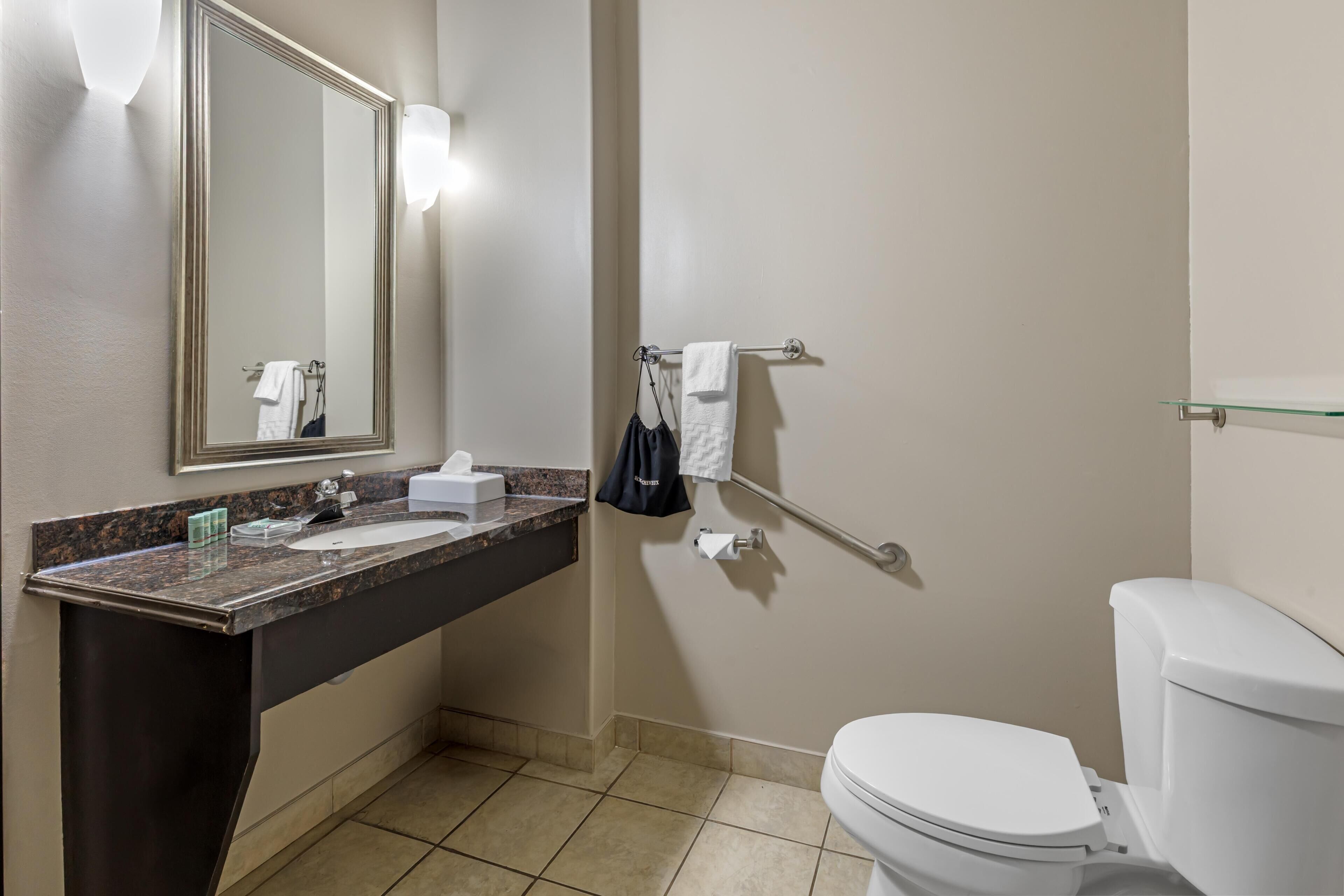 A bathroom with a sink, mirror, towel rack, and toilet.
