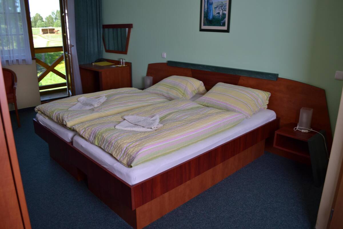 A double bed with a wooden headboard, a bedside table with a lamp, and a view of the outdoors through a sliding door.