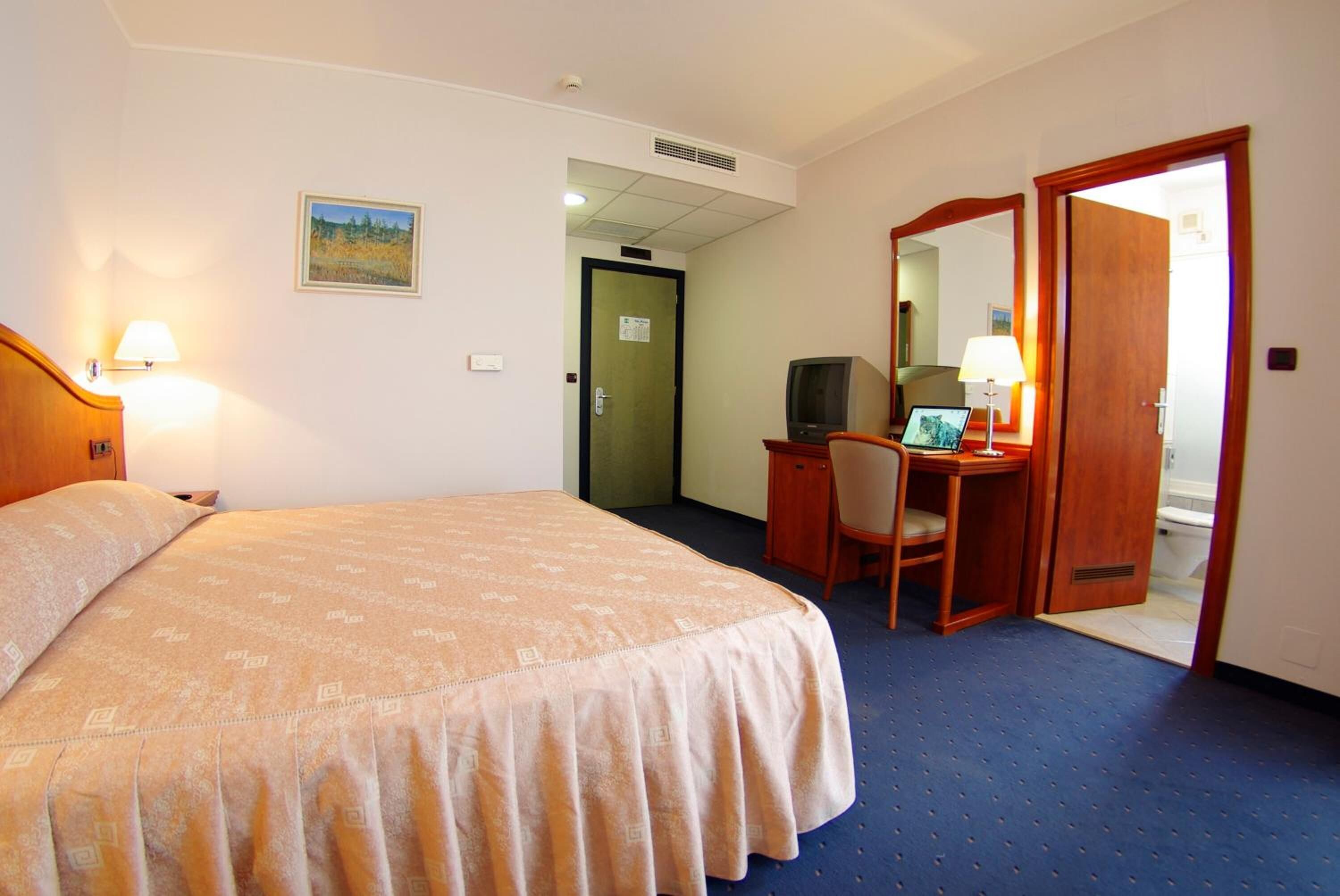 A hotel room with a bed, a desk with a chair, a television, a mirror, and a door leading to another room.