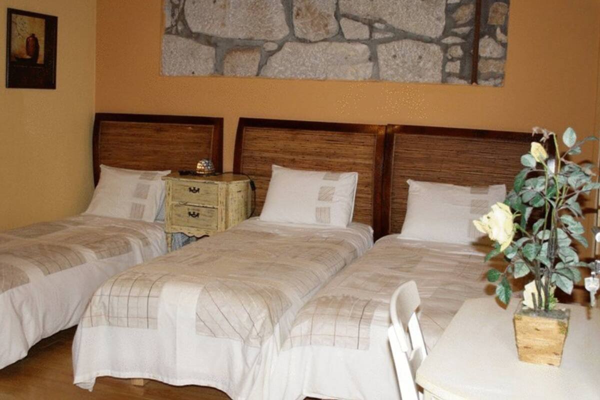 A hotel room with two single beds, a wooden headboard, a small bedside table with a lamp, and a wall-mounted artwork.