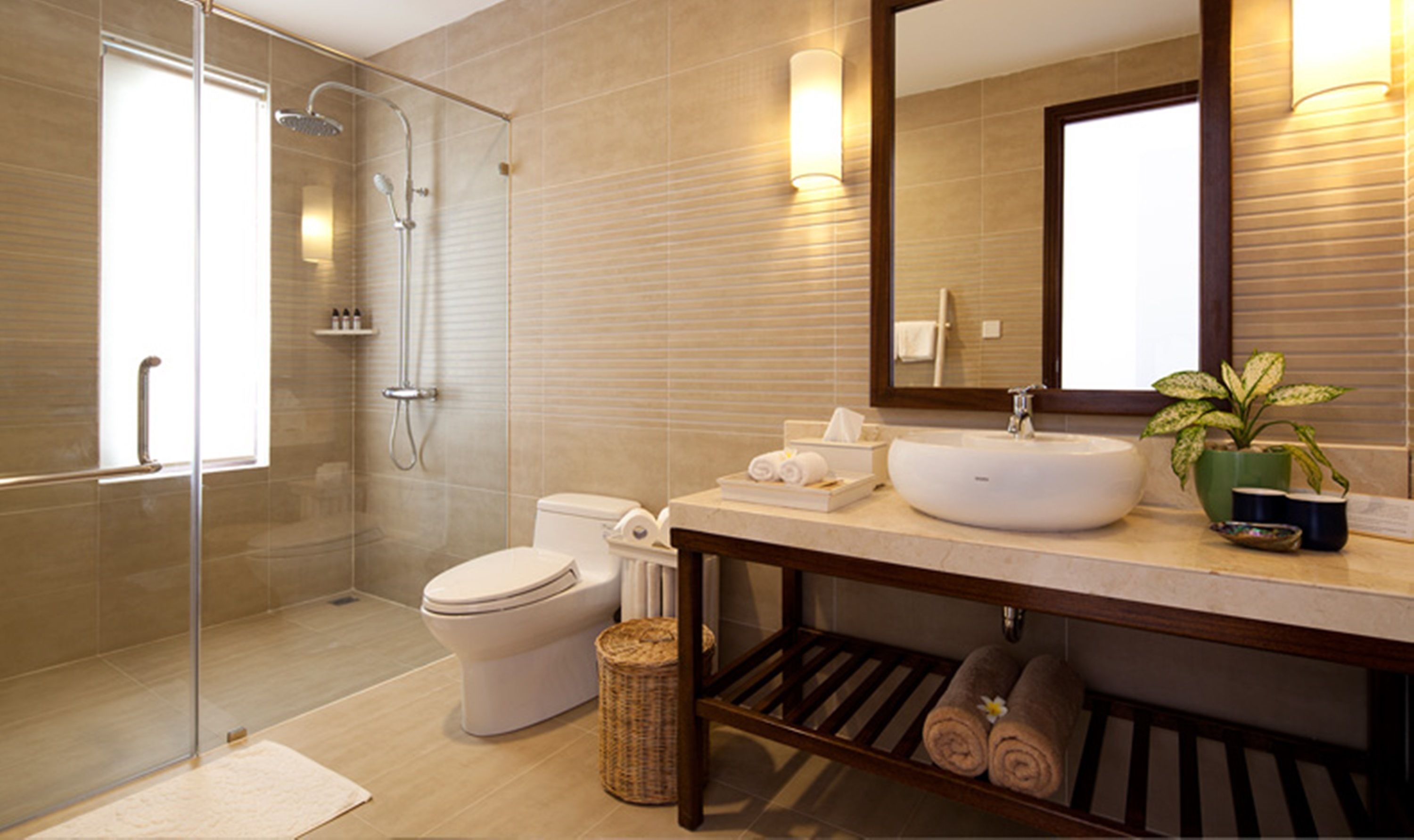 shower, free toiletries, hair dryer, bathrobes