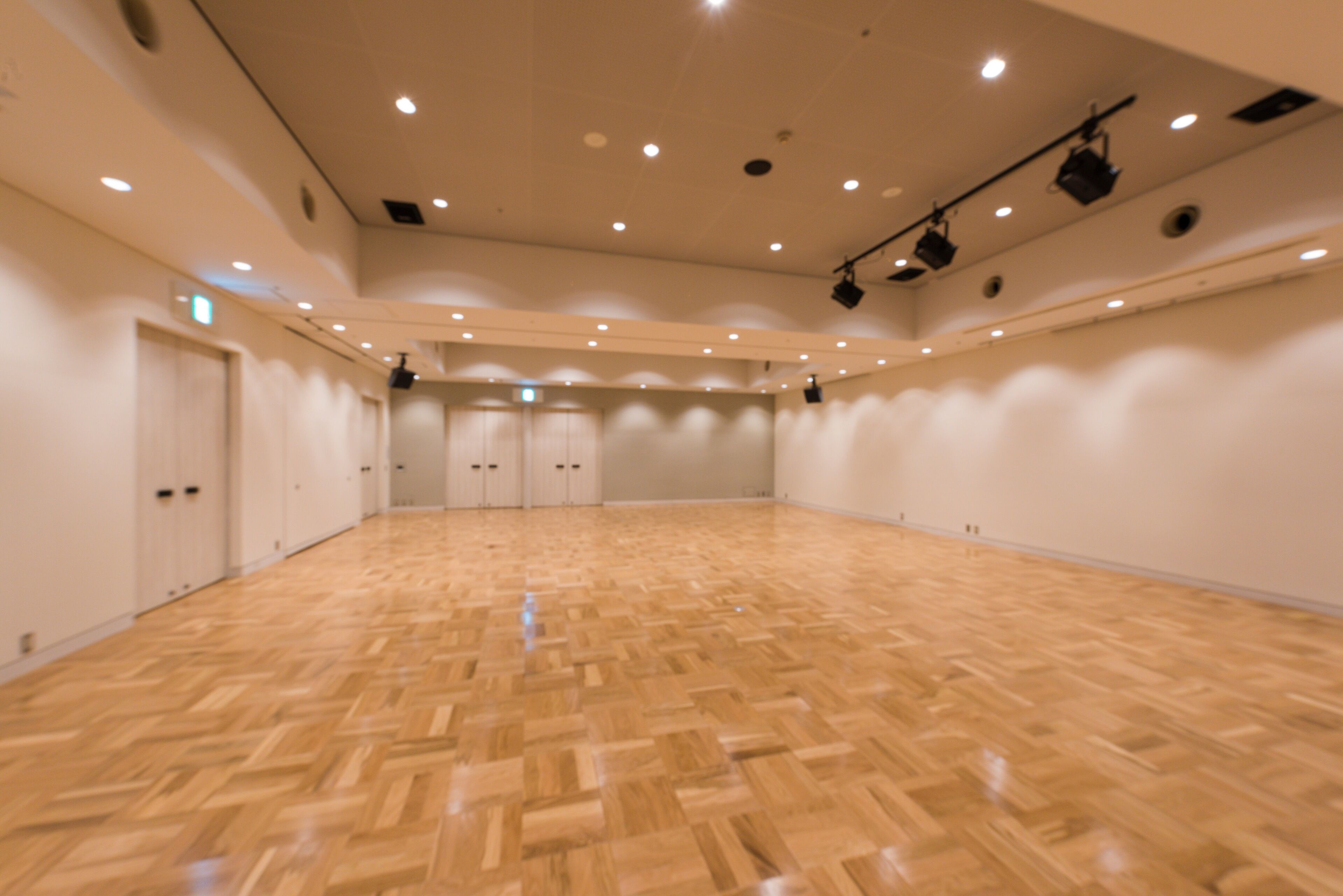 Una habitación amplia con piso de madera pulida, paredes blancas y varias luces en el techo.