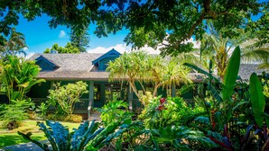 A house with a green roof, surrounded by lush tropical plants and trees.