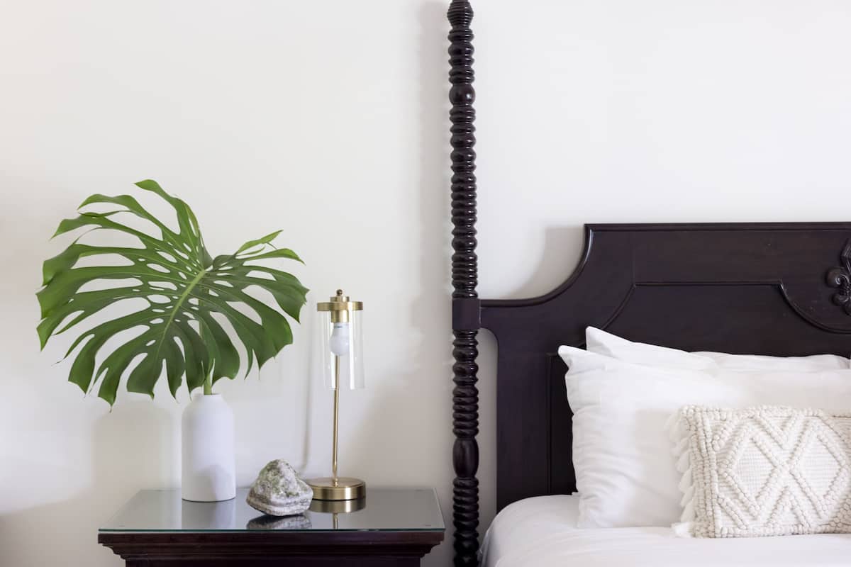 A neatly arranged bedroom with a dark wooden four-poster bed, a white pillow, and a decorative white pillow with a textured pattern. A large green plant is in a white vase on a glass table beside the bed.