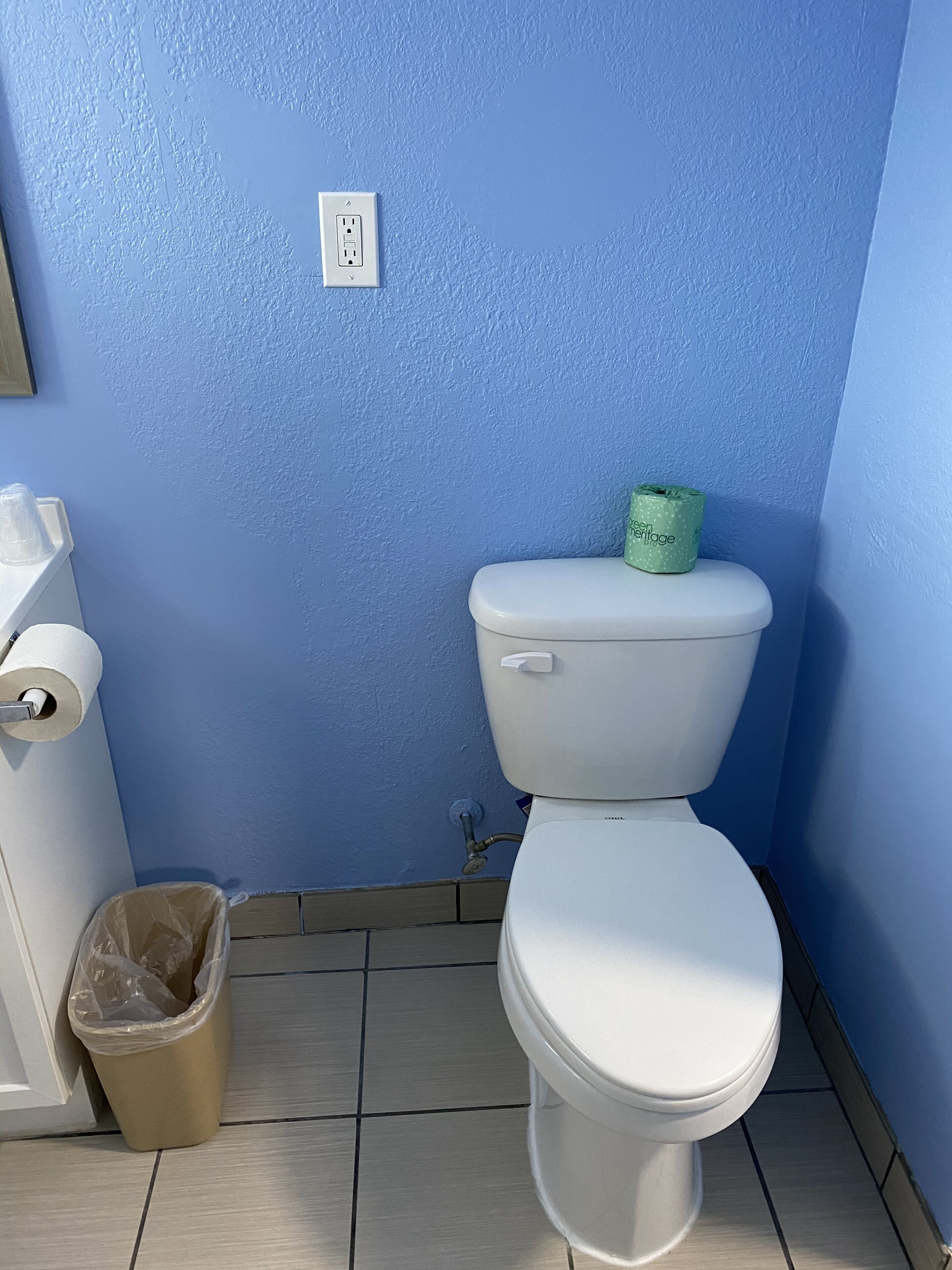 Une salle de bain équipée de toilettes, d’une poubelle et d’un porte-rouleau de papier toilette.