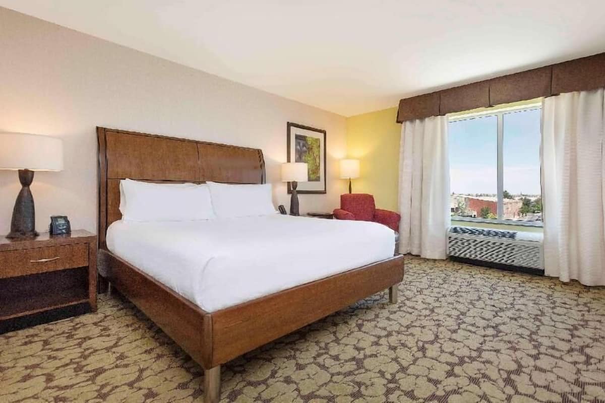 Quarto de hotel com cama, mesa de cabeceira, cadeira, janela com cortinas e vista para prédios.