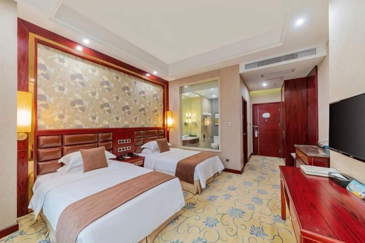 Une chambre d’hôtel avec deux lits, une télévision, un bureau et un miroir.
