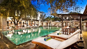 Outdoor pool, pool umbrellas, pool loungers