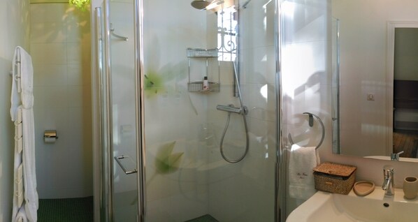 A modern bathroom with a glass-enclosed shower, a white sink, and a mirror. - Villa La Tosca (Lanton)