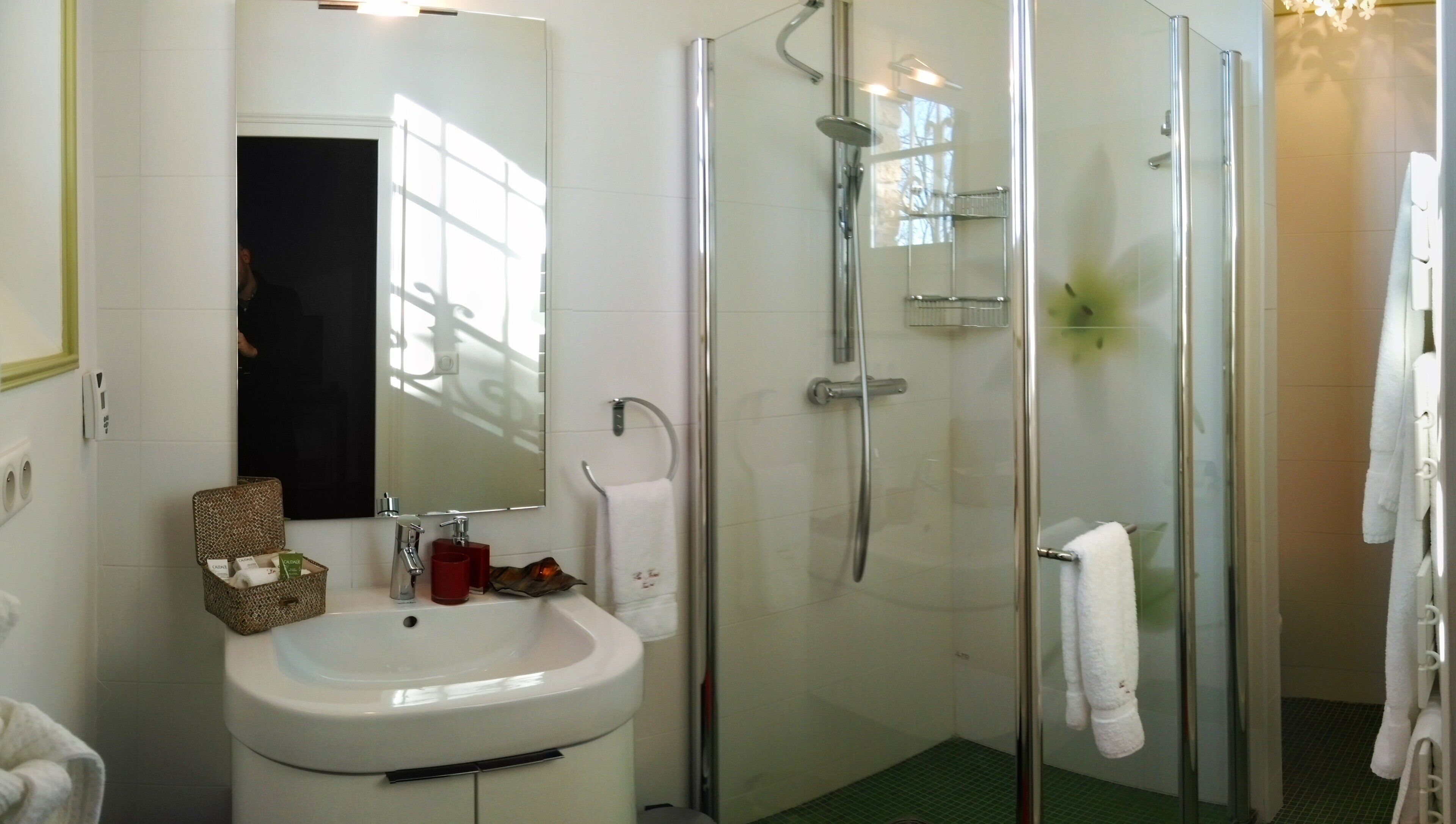 A modern bathroom with a glass-enclosed shower, a white sink, and a large mirror.