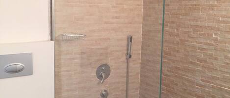 Un área de ducha con puerta de cristal, un inodoro y un panel de control en la pared.