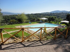 Seasonal outdoor pool, pool umbrellas, pool loungers