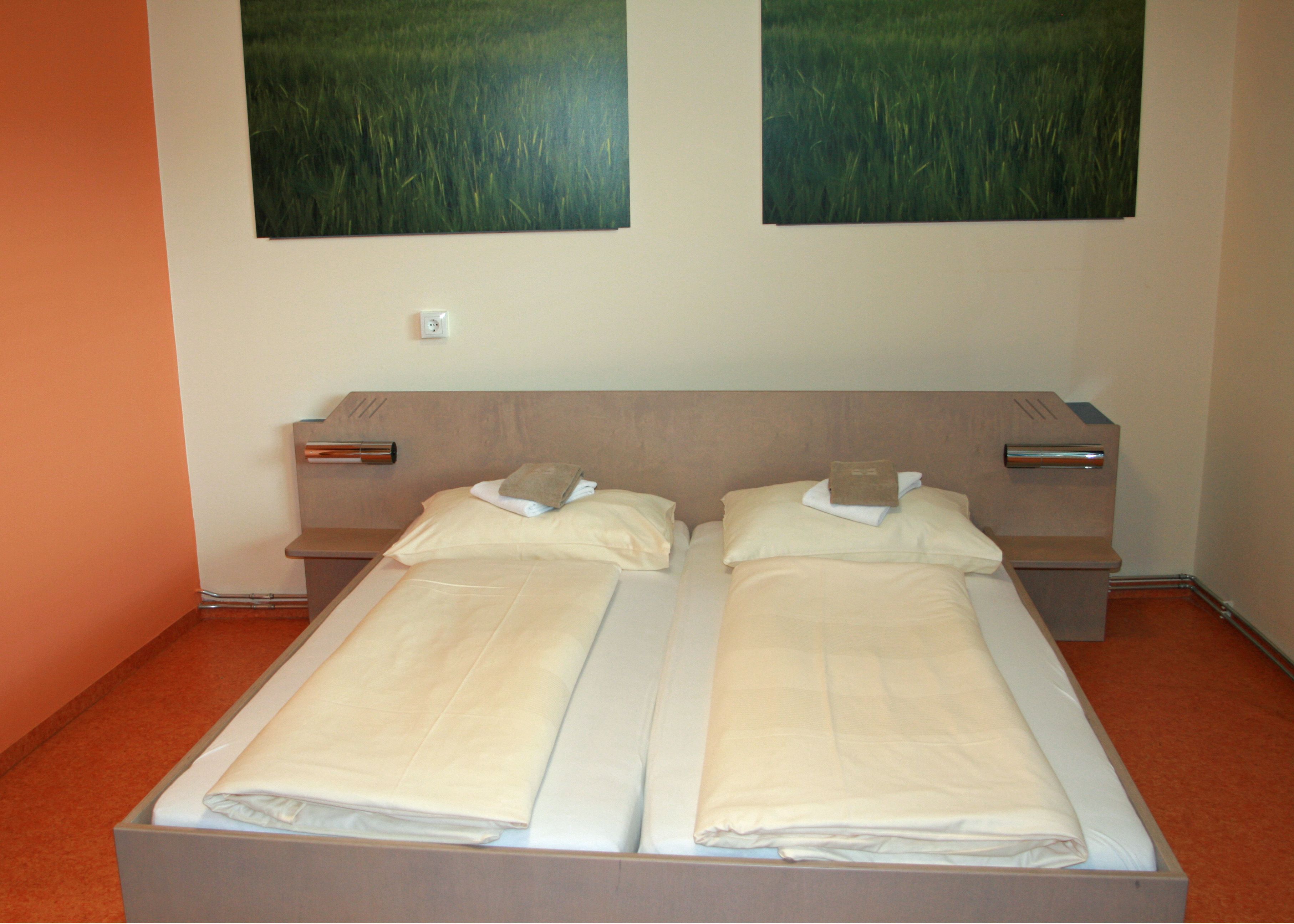 Una cama doble con dos almohadas y una manta, una mesita de noche con lámpara, y dos cuadros colgados en la pared.