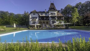 Seasonal outdoor pool, pool umbrellas, pool loungers