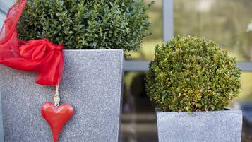 Dos macetas cuadradas con plantas verdes y un adorno con forma de corazón rojo.