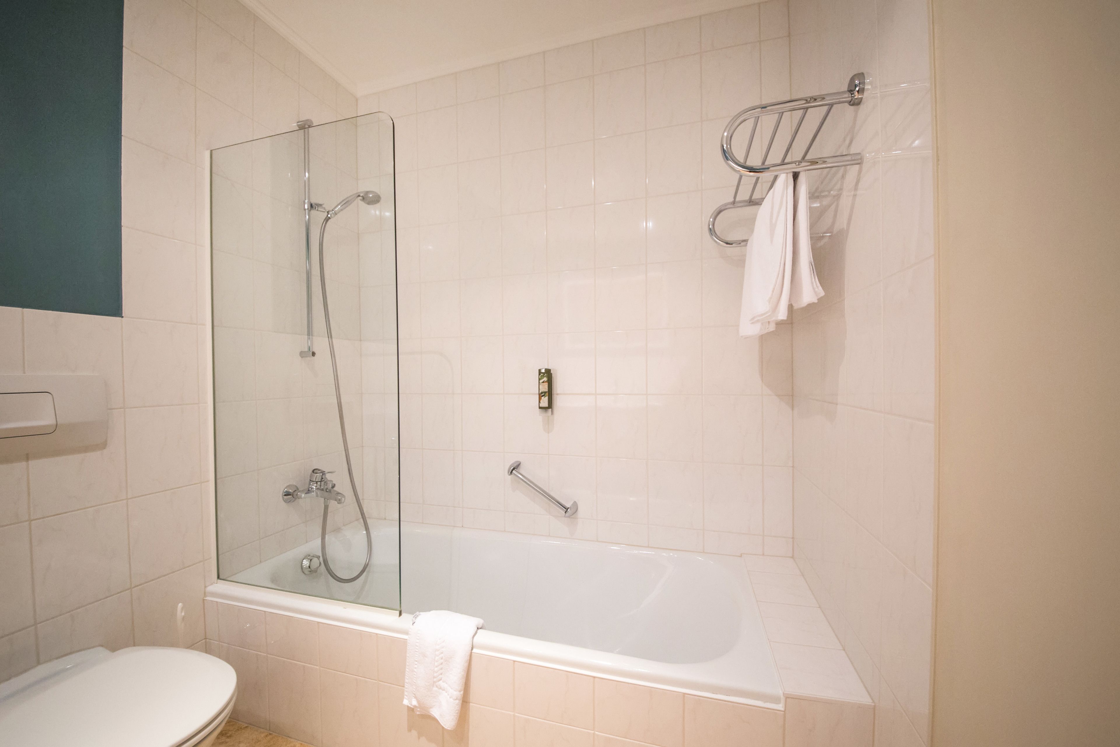 Un baño moderno con ducha de vidrio, una bañera independiente y un inodoro.